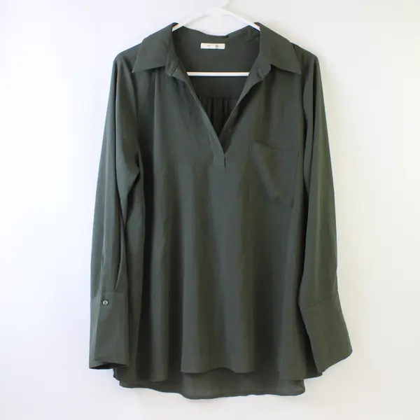 Pleione Sheer Army Green V-Neck Long-Sleeved Blouse Women's Large