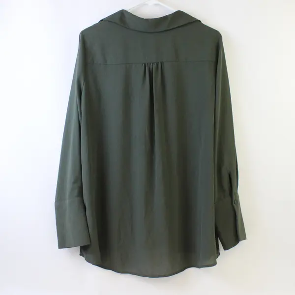 Pleione Sheer Army Green V-Neck Long-Sleeved Blouse Women's Large
