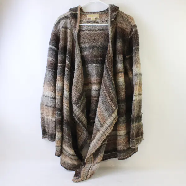 Michael Kors Brown Striped Open-Front Hooded Cardigan Women's Large