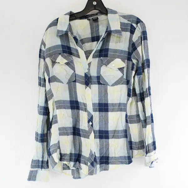 Sandra Ingrish Blue and Yellow Plaid Long-Sleeved Button-Up Women's Large