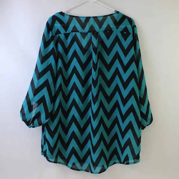 Tacera Sheer Blue/Black Chevron Pattern Quarter Length Sleeve Blouse Women's 1X