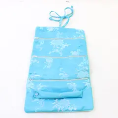 Asian Silk Makeup Travel Bag Turquoise China 3-Zipper 4-Compartment