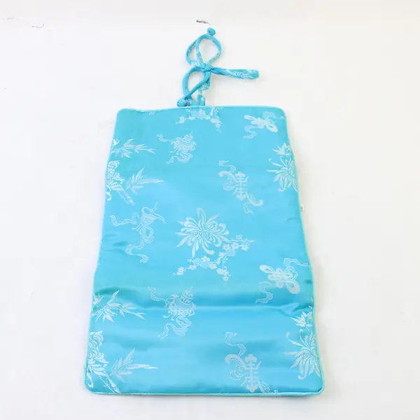 Asian Silk Makeup Travel Bag Turquoise China 3-Zipper 4-Compartment