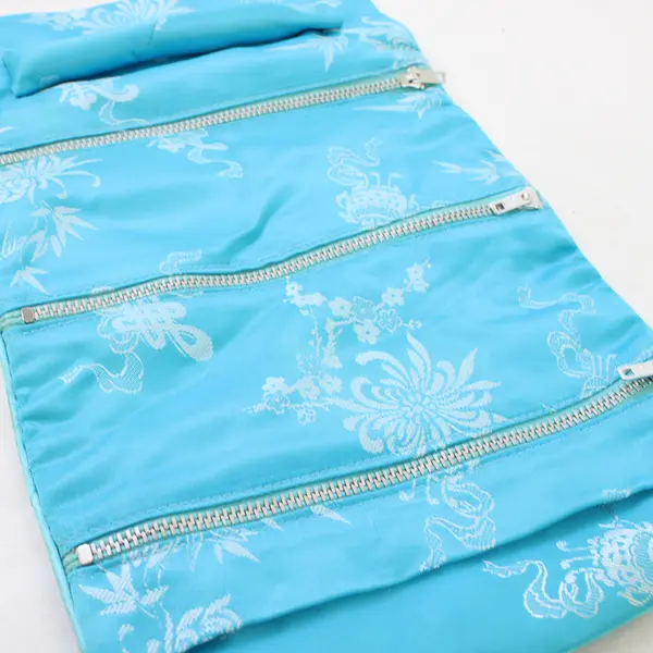 Asian Silk Makeup Travel Bag Turquoise China 3-Zipper 4-Compartment