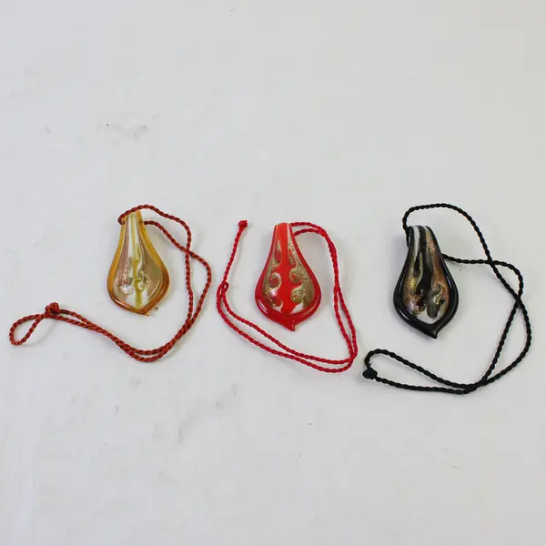 Lot of 3 Glass Pendant Cord Necklaces Gold Red Black