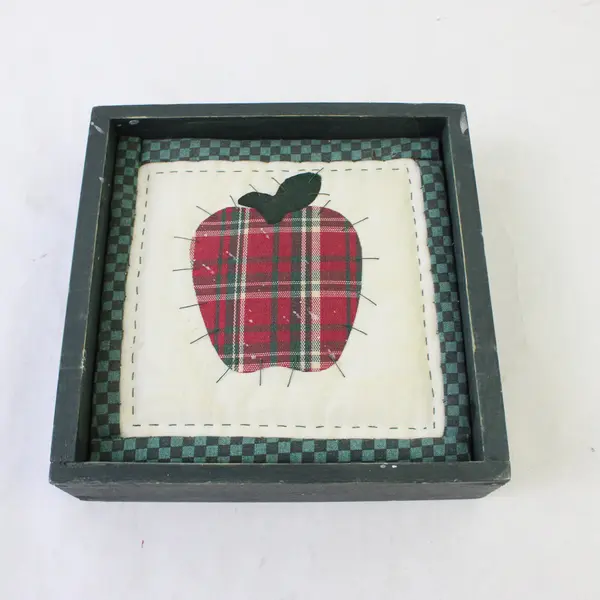 Rustic Handmade Fabric Apple Mini Quilt Framed Dark Green Wood Wall Hanging