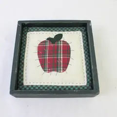 Rustic Handmade Fabric Apple Mini Quilt Framed Dark Green Wood Wall Hanging