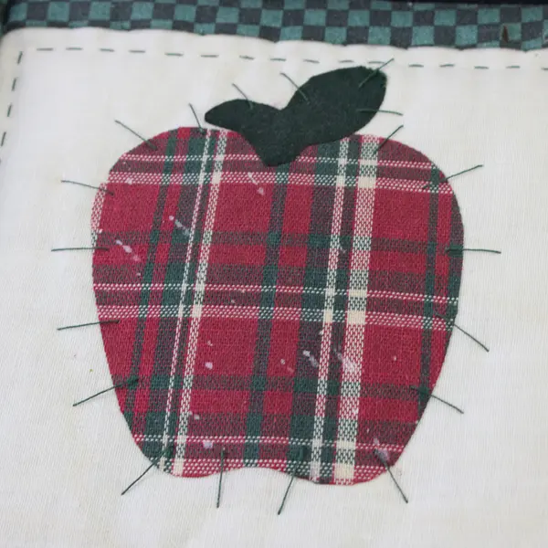 Rustic Handmade Fabric Apple Mini Quilt Framed Dark Green Wood Wall Hanging