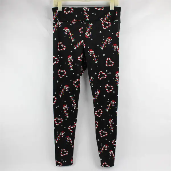 No Boundaries Christmas Candy Cane Pattern Fuzzy Black Leggings Women's L/XL