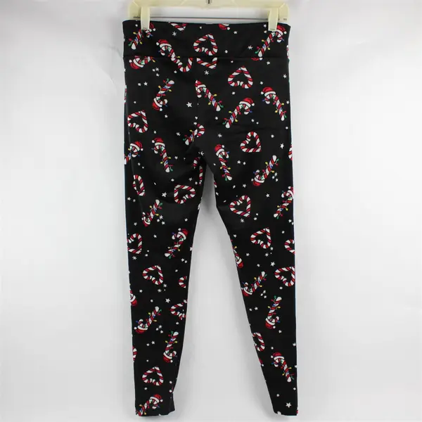 No Boundaries Christmas Candy Cane Pattern Fuzzy Black Leggings Women's L/XL