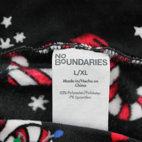 No Boundaries Christmas Candy Cane Pattern Fuzzy Black Leggings Women's L/XL