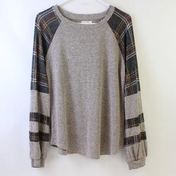 Maurices Taupe and Gray Plaid Long-Sleeved Knit Top Women's Medium