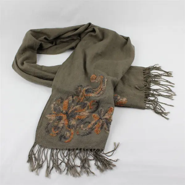 Brown and Gray Floral Embroidered Gray Fringed Scarf 26" x 70"