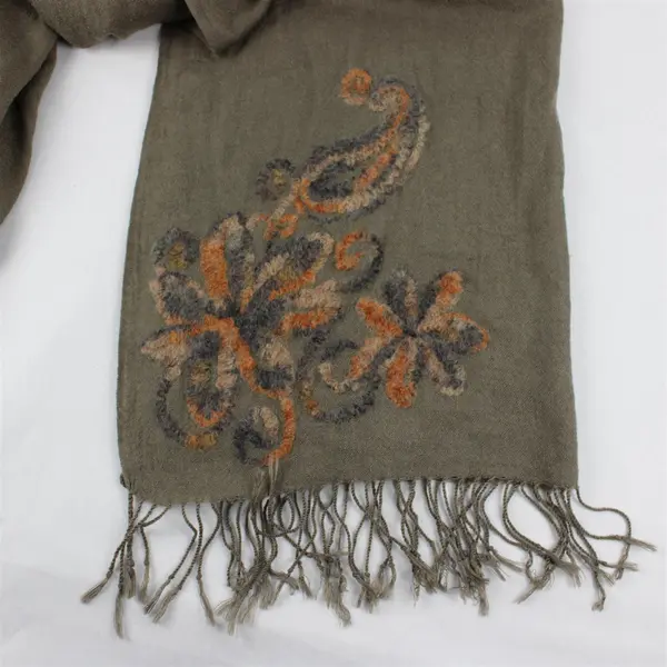 Brown and Gray Floral Embroidered Gray Fringed Scarf 26" x 70"