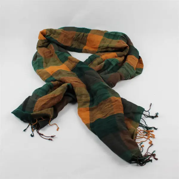 PrAna Green and Brown Buffalo Check Fringed Scarf 29" x 74"
