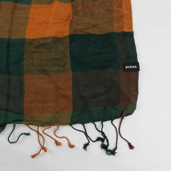 PrAna Green and Brown Buffalo Check Fringed Scarf 29" x 74"