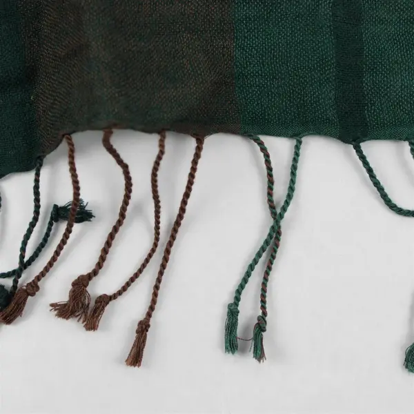 PrAna Green and Brown Buffalo Check Fringed Scarf 29" x 74"