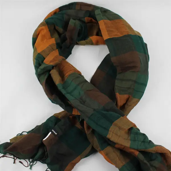 PrAna Green and Brown Buffalo Check Fringed Scarf 29" x 74"