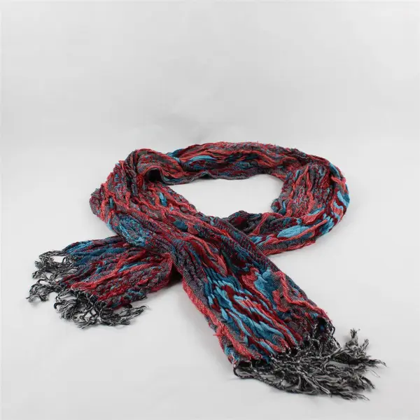 Women's Red and Blue Boho Fringed Knit Scarf 12" x 74"