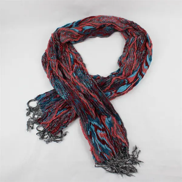 Women's Red and Blue Boho Fringed Knit Scarf 12" x 74"
