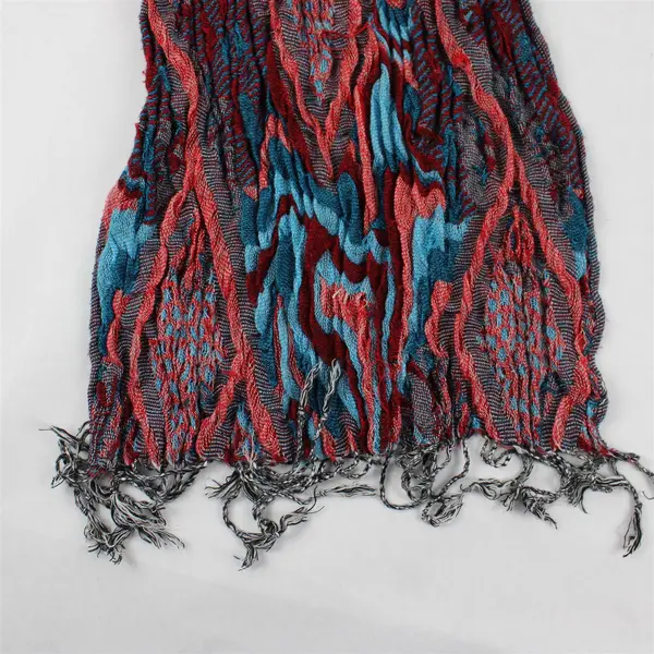 Women's Red and Blue Boho Fringed Knit Scarf 12" x 74"