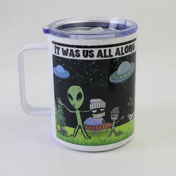 Words On Cups 4.5" Metal Insulated Travel Coffee Cup w/Alien Graphic & Lid