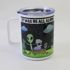 Words On Cups 4.5" Metal Insulated Travel Coffee Cup w/Alien Graphic & Lid