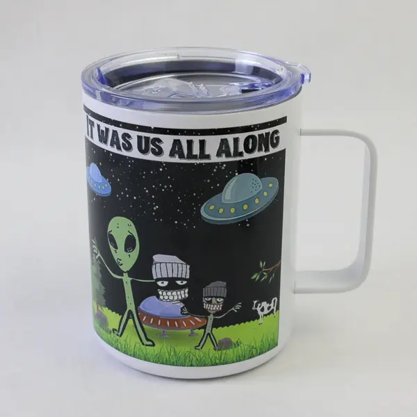 Words On Cups 4.5" Metal Insulated Travel Coffee Cup w/Alien Graphic & Lid