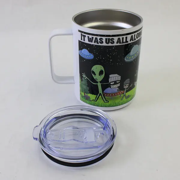 Words On Cups 4.5" Metal Insulated Travel Coffee Cup w/Alien Graphic & Lid