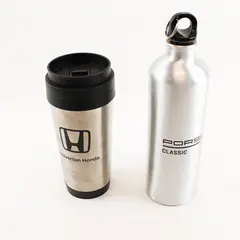 Lot Of 2 Assorted Stainless Steel Silver/Black Water Bottles (Honda, Porsche)