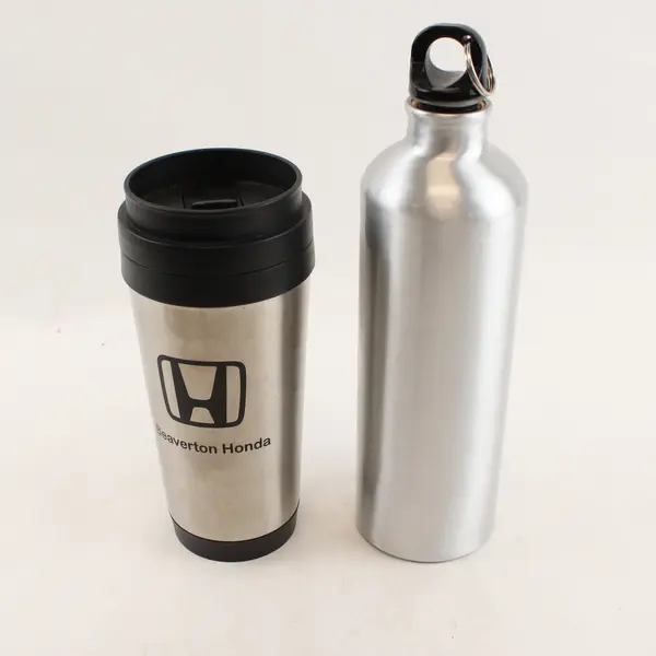 Lot Of 2 Assorted Stainless Steel Silver/Black Water Bottles (Honda, Porsche)
