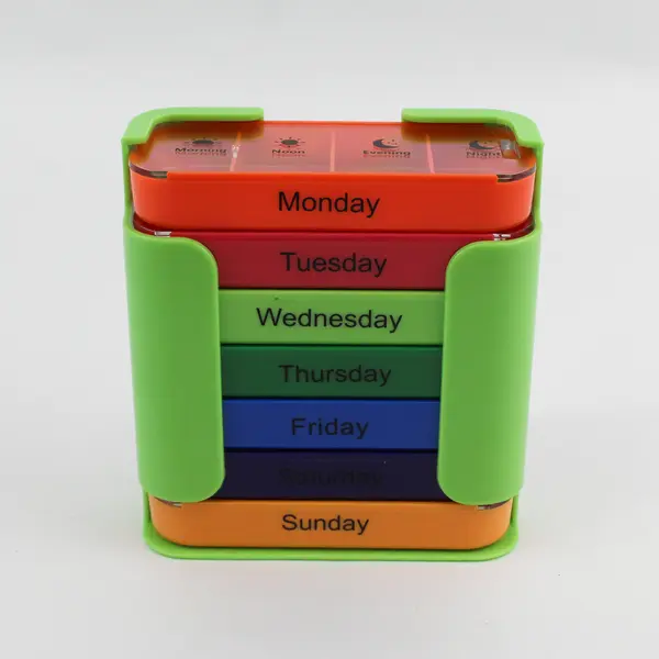Pill Sorter One Week 4 Times A Day Stacking Multi-Color Plastic Clear Lid
