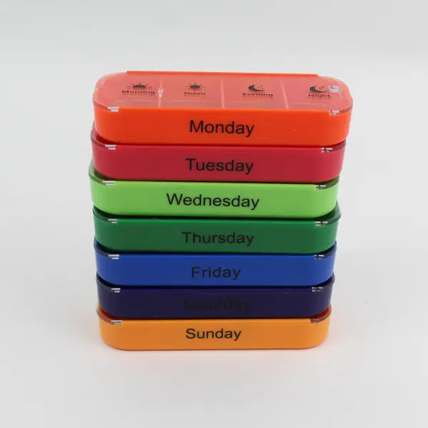 Pill Sorter One Week 4 Times A Day Stacking Multi-Color Plastic Clear Lid