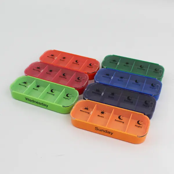 Pill Sorter One Week 4 Times A Day Stacking Multi-Color Plastic Clear Lid