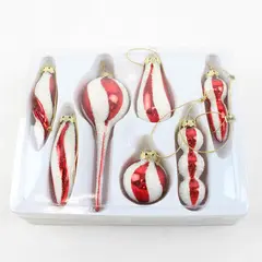 Set of 7 Red & White Glitter Christmas Ornaments - New in Box