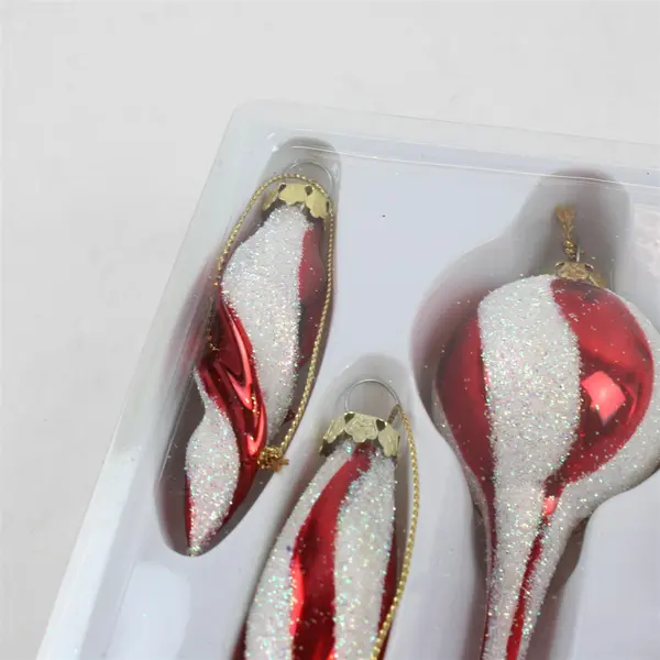 Set of 7 Red & White Glitter Christmas Ornaments - New in Box