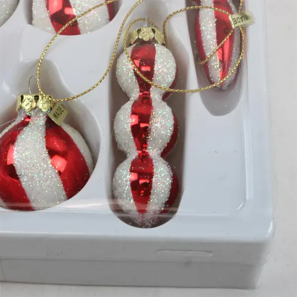 Set of 7 Red & White Glitter Christmas Ornaments - New in Box