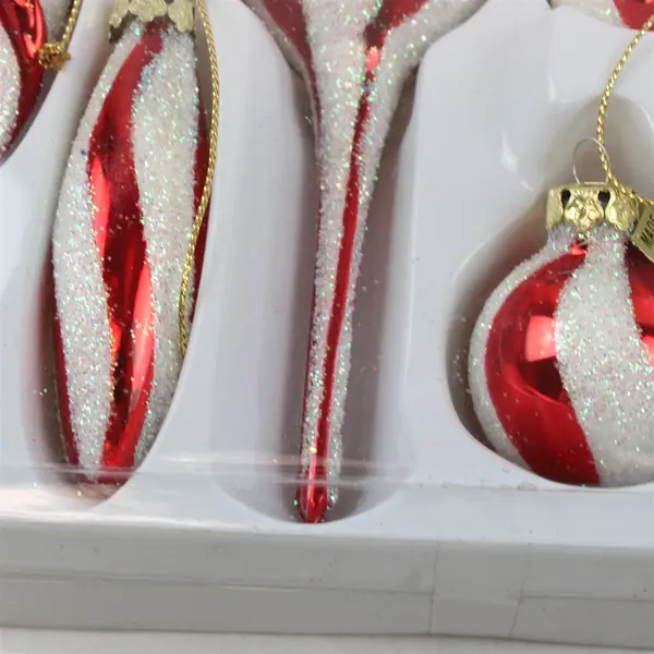 Set of 7 Red & White Glitter Christmas Ornaments - New in Box