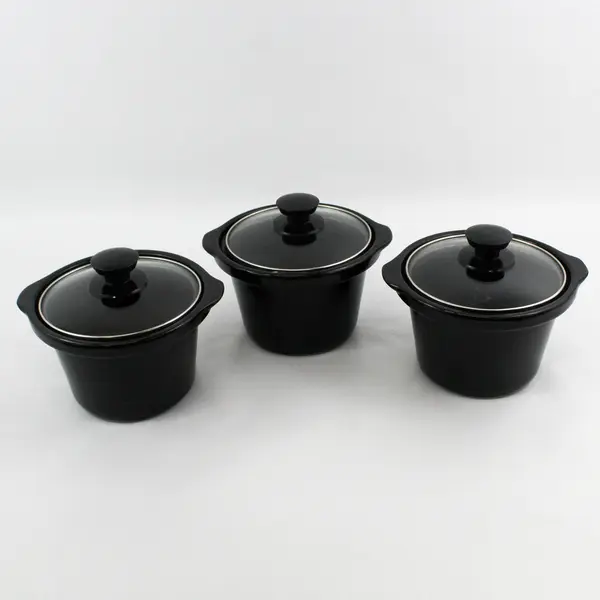 Lot Of 3 Unbranded 2 Qt Black Ceramic Pots For Slow Cookers With Matching Lids