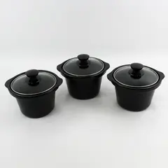 Lot Of 3 Unbranded 2 Qt Black Ceramic Pots For Slow Cookers With Matching Lids