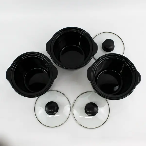Lot Of 3 Unbranded 2 Qt Black Ceramic Pots For Slow Cookers With Matching Lids