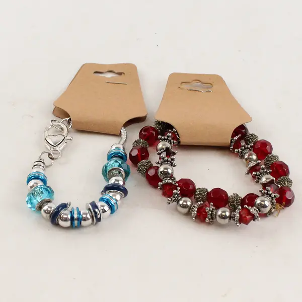 Lot of 3 Silver-Tone Bracelets with Colored Beads, Stretchable - 2 Red, 1 Blue