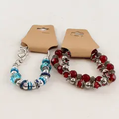 Lot of 3 Silver-Tone Bracelets with Colored Beads, Stretchable - 2 Red, 1 Blue