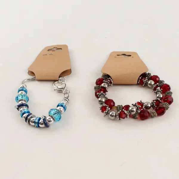 Lot of 3 Silver-Tone Bracelets with Colored Beads, Stretchable - 2 Red, 1 Blue