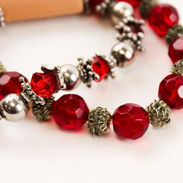 Lot of 3 Silver-Tone Bracelets with Colored Beads, Stretchable - 2 Red, 1 Blue