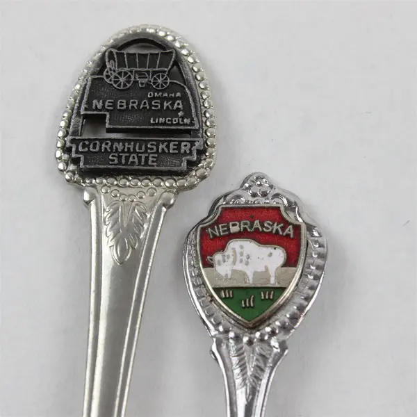 Lot of 2 Nebraska Souvenir Spoons Enamel Buffalo & Cornhuskers