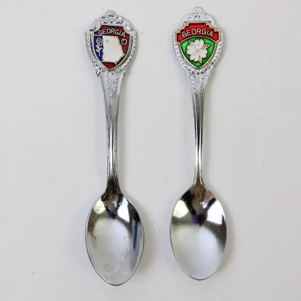 Lot of 2 Georgia Souvenir Spoons - State Outline & Magnolia Enamel