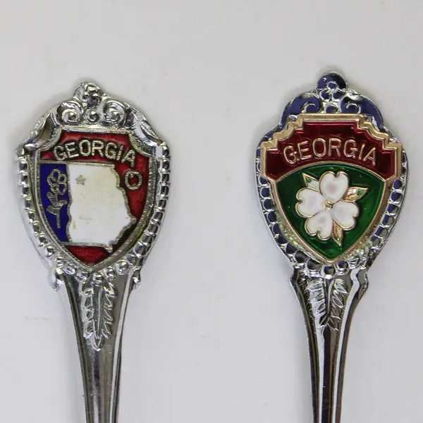 Lot of 2 Georgia Souvenir Spoons - State Outline & Magnolia Enamel