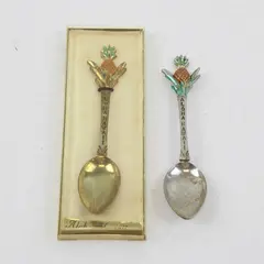 Lot of 2 Aloha Hawaii Souvenir Teaspoons Pineapple Enamel Silver & Gold