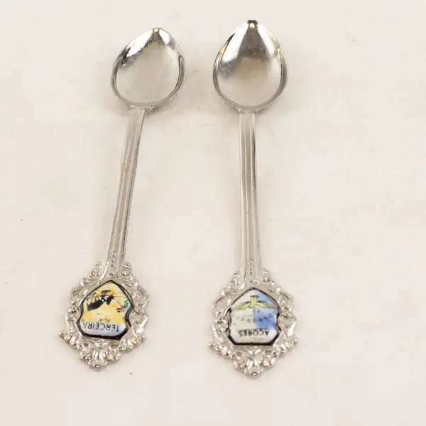 Lot of 2 Portugal Souvenir Spoons Terceira & Acores Enamel 4in Collectible